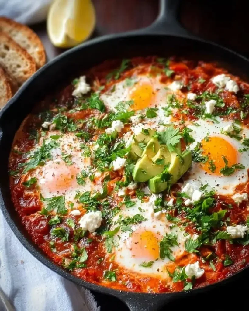 Delicious shakshuka served in a pan with fresh ingredients for brunch