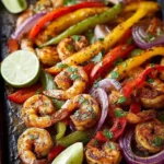 Sheet pan shrimp fajitas with colorful vegetables and spices ready to serve