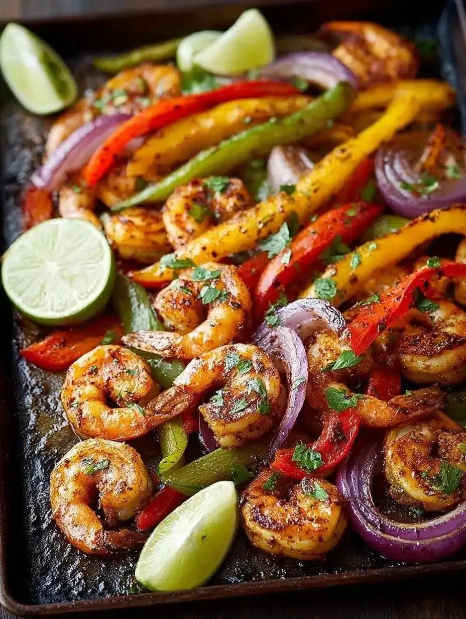 Sheet pan shrimp fajitas with colorful vegetables and spices ready to serve
