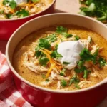 Delicious bowl of Keto White Chicken Chili topped with fresh herbs