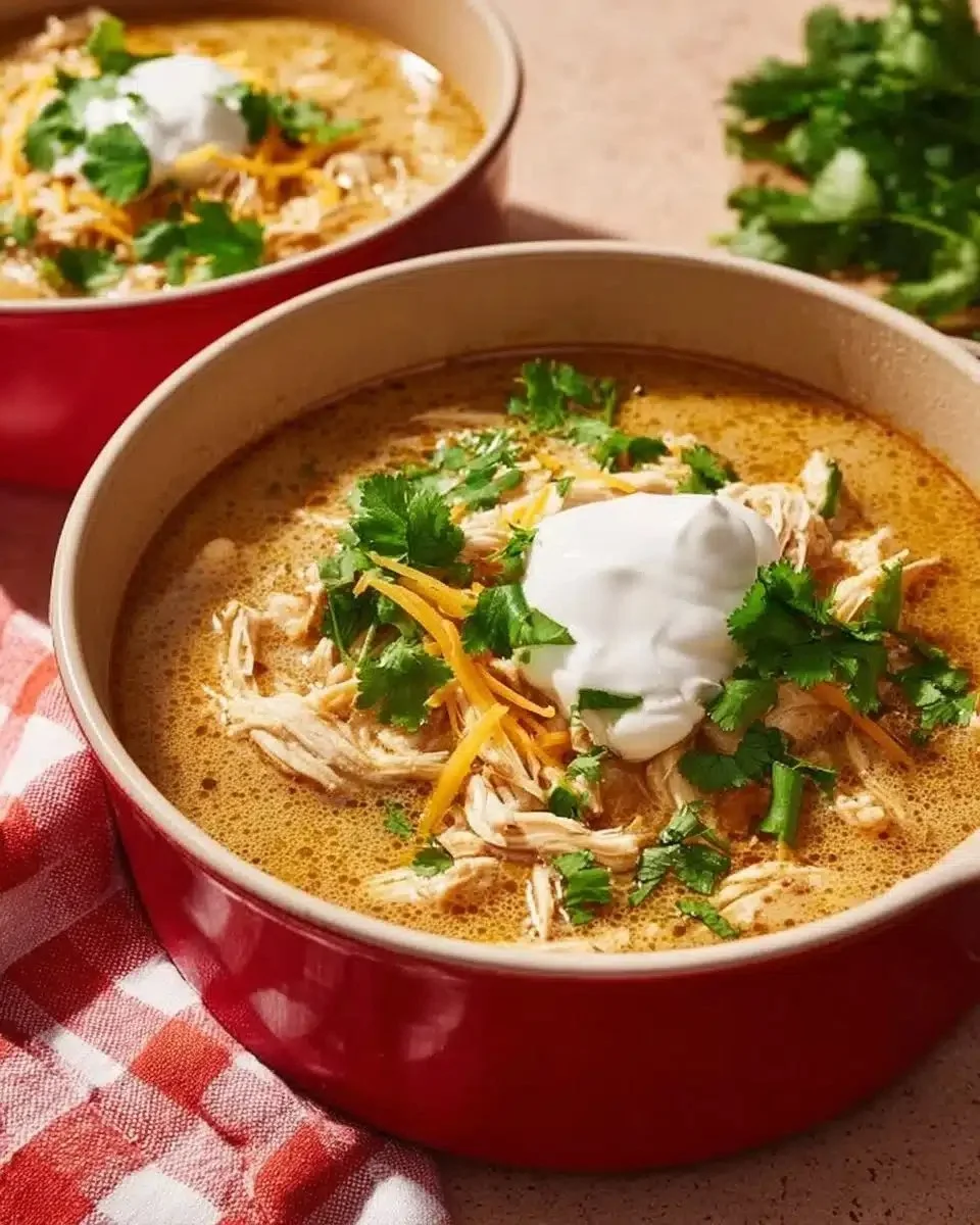 Delicious bowl of Keto White Chicken Chili topped with fresh herbs