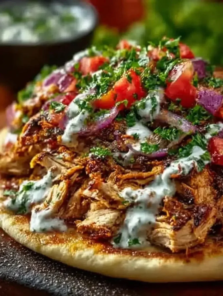 Slow Cooker Chicken Shawarma with spices in a serving dish
