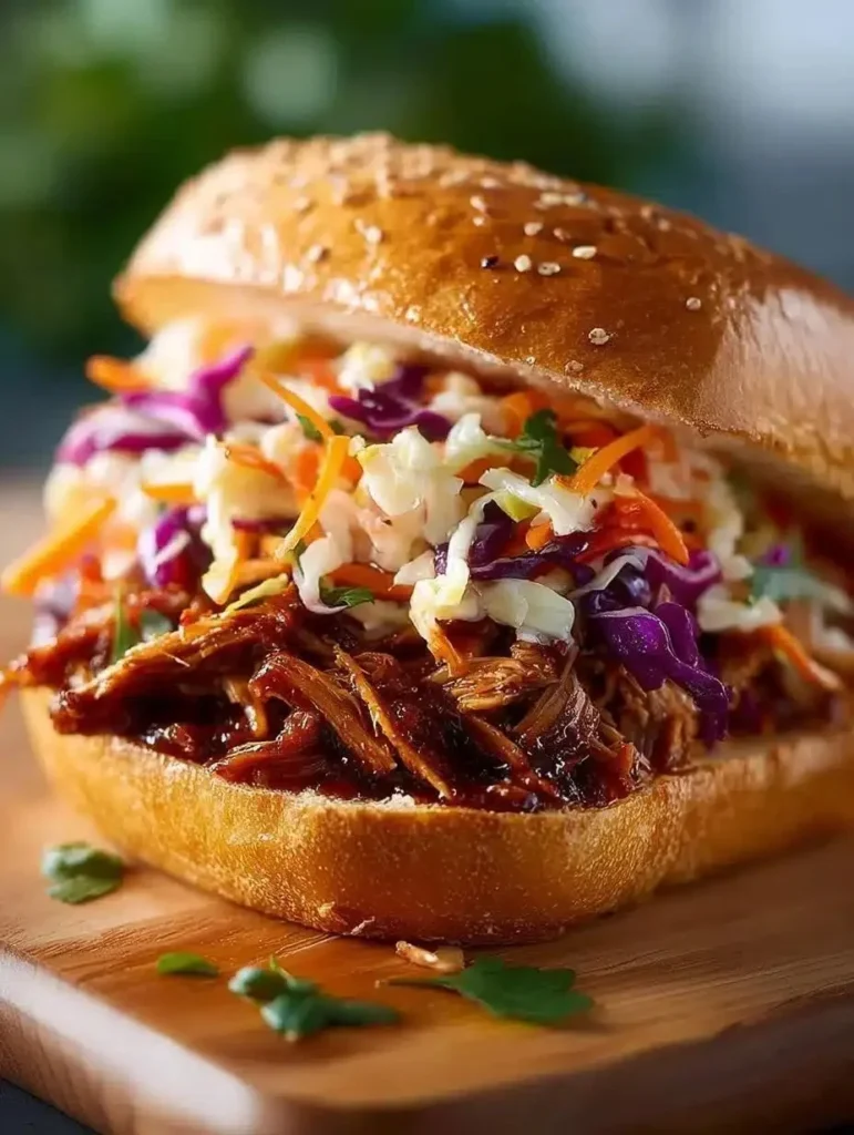 Smoky pulled jackfruit sandwich with BBQ sauce on a bun