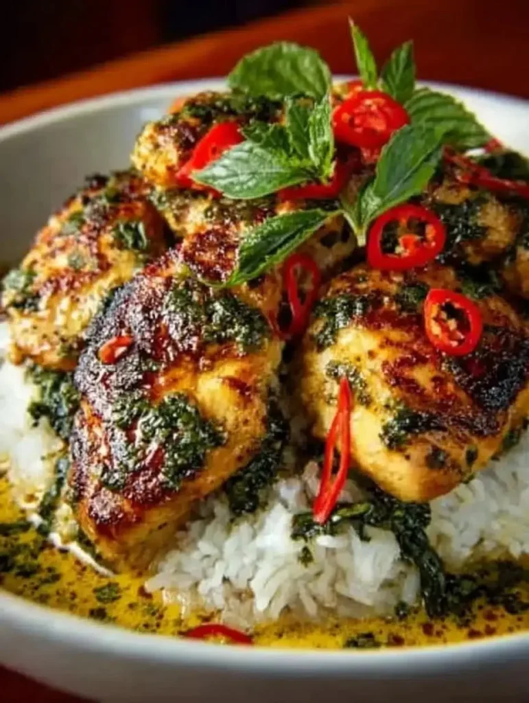 Delicious spiced coconut basil chicken served with fresh herbs and rice