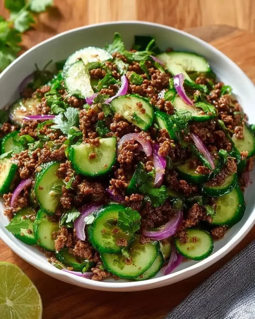 A bowl of spicy Korean ground beef served with fresh cucumber salad