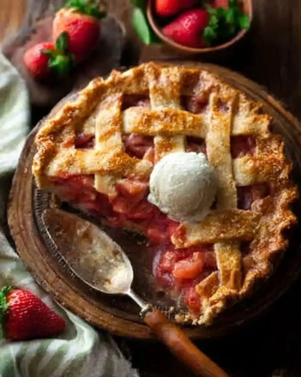 Delicious Strawberry Rhubarb Pie with a flaky golden crust served on a white plate.