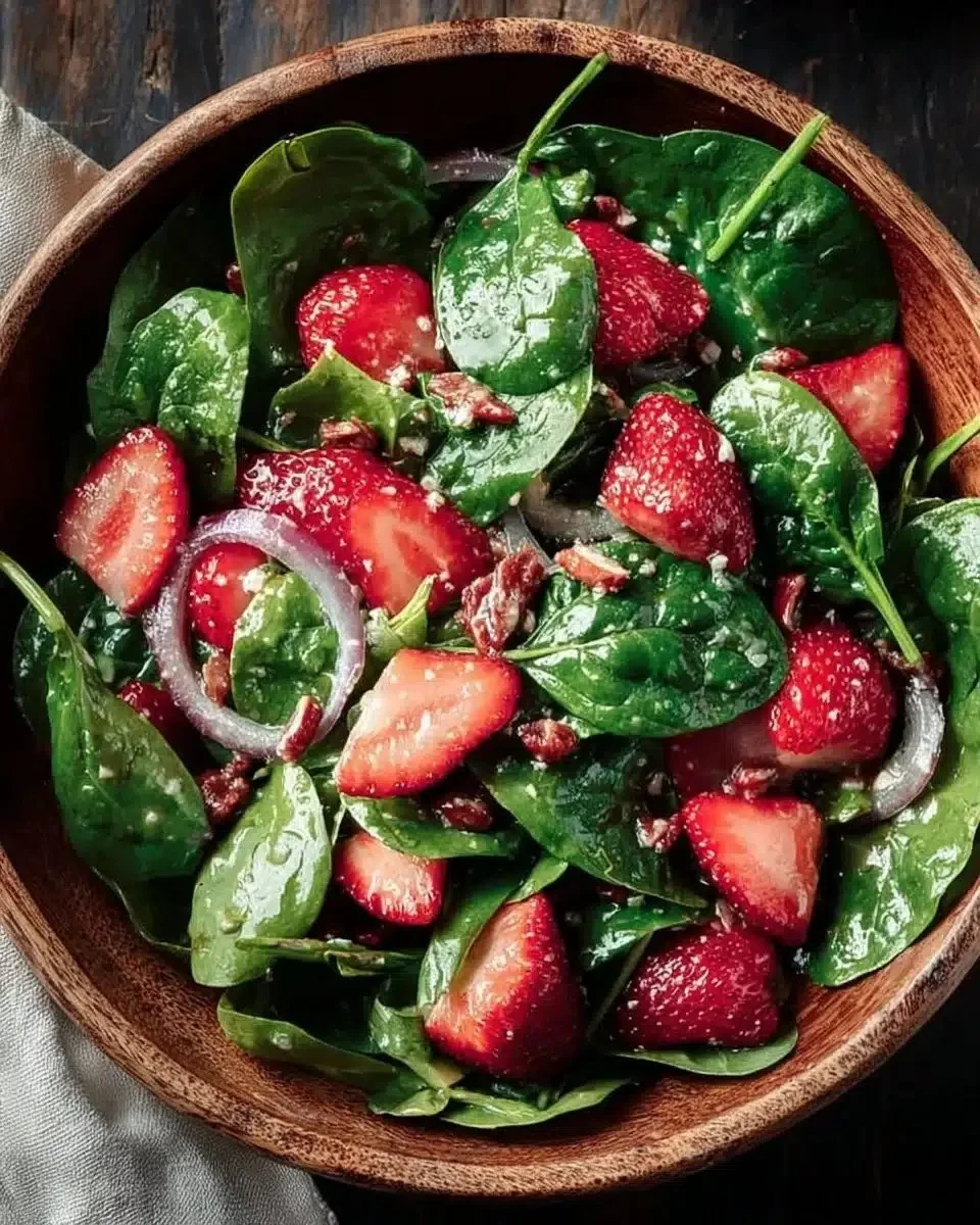 Fresh strawberry spinach salad with berries and dressing