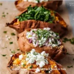Stuffed sweet potatoes with black beans and feta on a plate