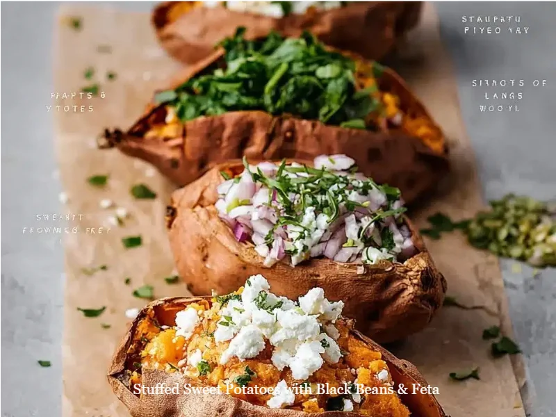 Stuffed sweet potatoes with black beans and feta on a plate