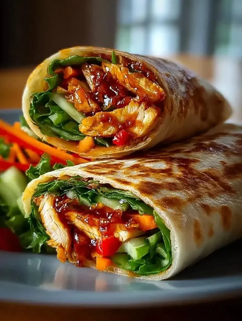 Sweet Chili Chicken Wraps with fresh veggies and tender chicken in tortilla