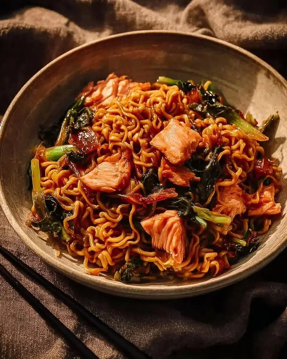 Teriyaki Salmon Noodles with Sesame Veggies 1 Delicious teriyaki salmon noodles served with colorful sesame veggies