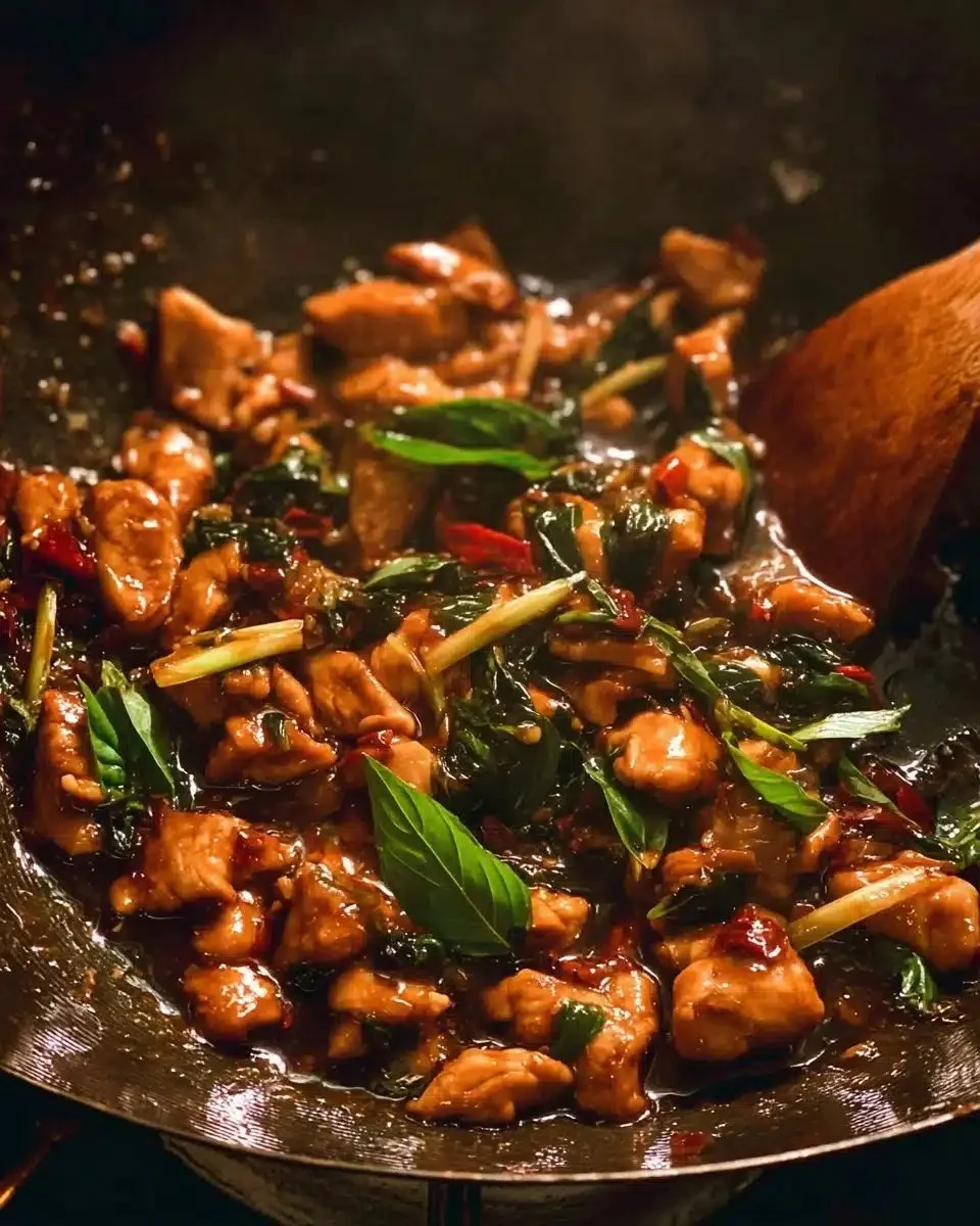 Thai Chilli Basil Chicken | Quick Weeknight Stir-Fry 1 Plate of Thai Chilli Basil Chicken stir-fry with fresh basil and chilies
