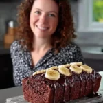 Slice of moist Triple Chocolate Banana Bread on a wooden table