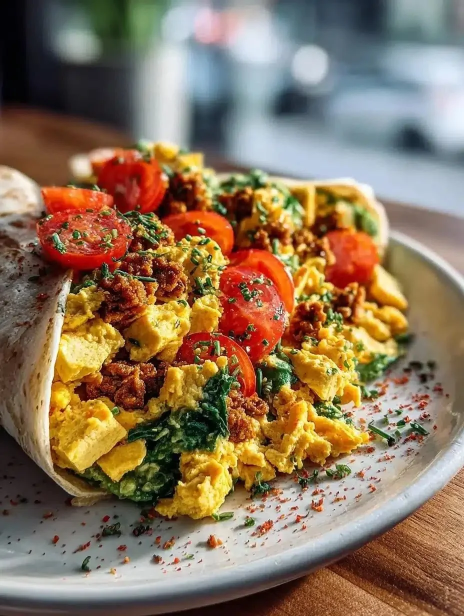 Delicious vegan tofu scramble served on a plate with vegetables.