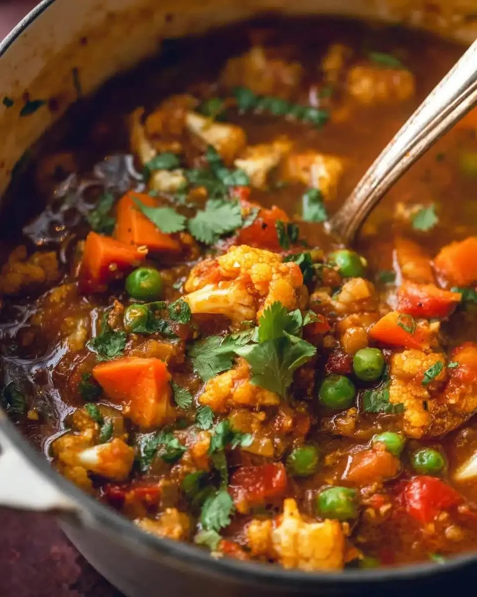 Bowl of colorful vegetable curry served with rice on a wooden table