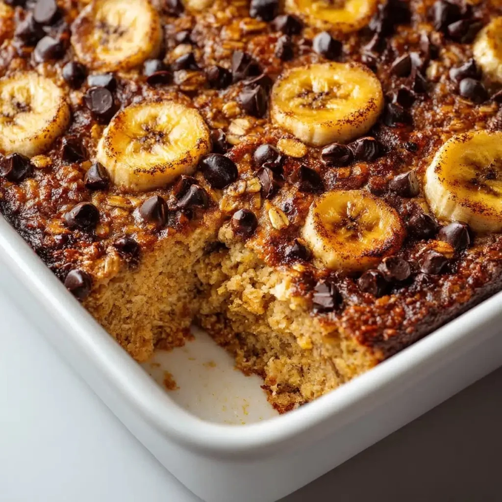 Delicious banana chocolate chip baked oatmeal in a baking dish