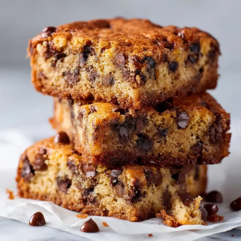 Deliciously baked Banana Chocolate Chip Bars with melted chocolate chips
