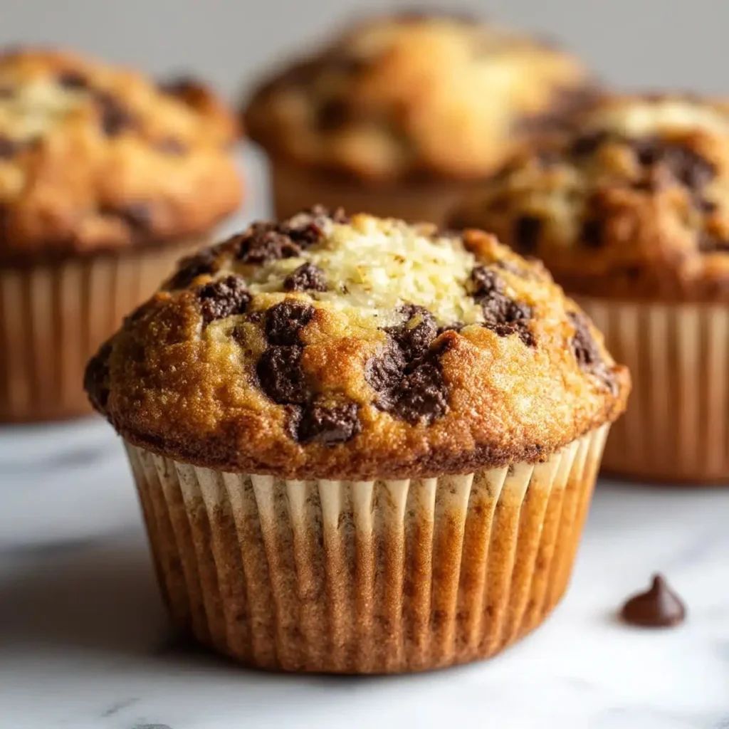 Delicious banana chocolate chip cream cheese muffins on a wooden table