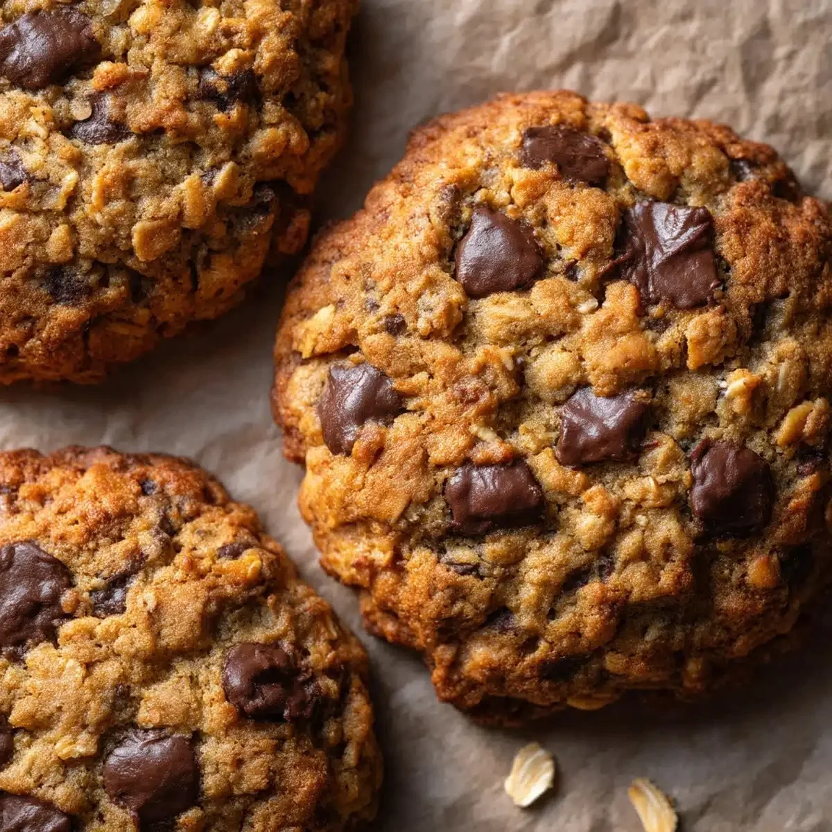 Freshly baked Banana Chocolate Chip Oatmeal Cookies on a cooling rack