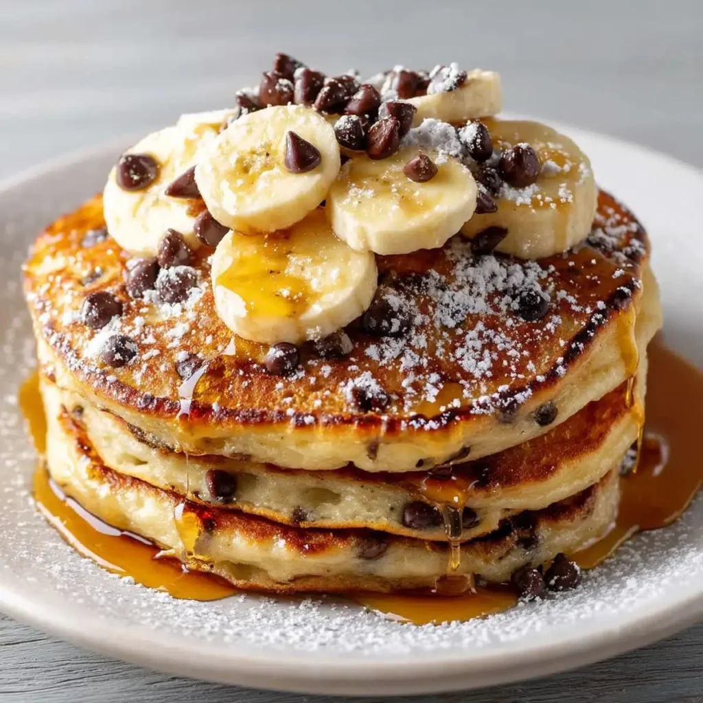 Delicious Banana Chocolate Chip Pancakes stacked on a plate with syrup