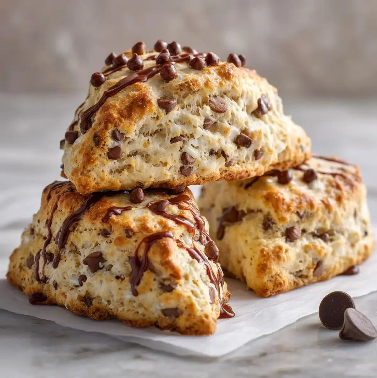 Freshly baked Banana Chocolate Chip Scones on a cooling rack