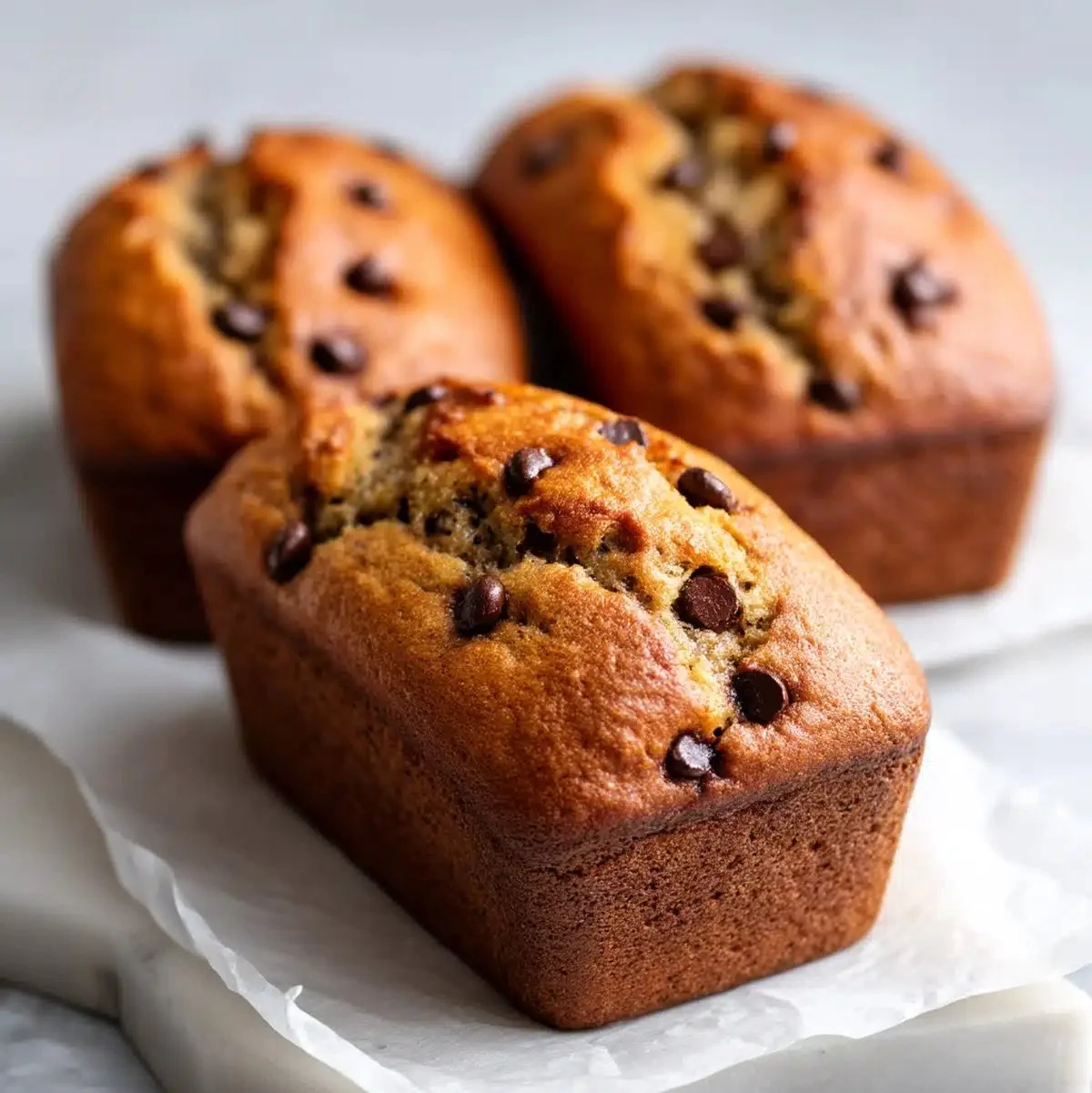 Freshly baked mini banana chocolate chip loaves on a cooling rack