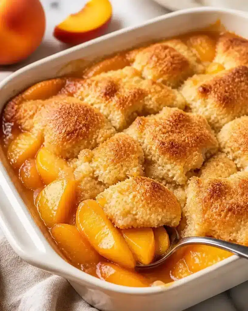 A Quick and Easy Peach Cobbler served as a finished recipe