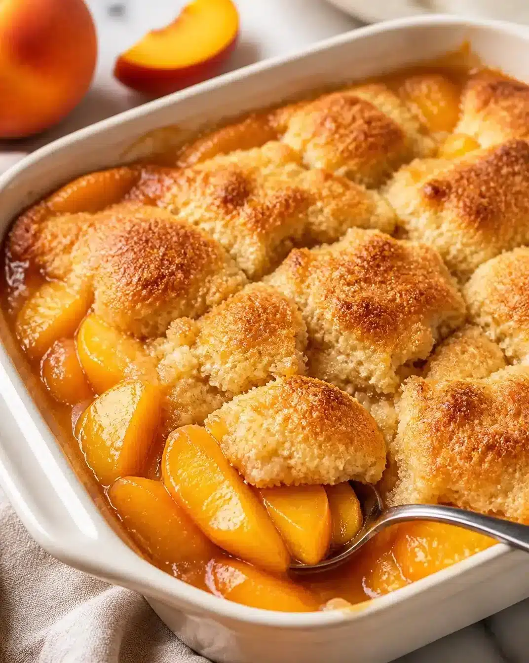 Quick and easy peach cobbler fresh from the oven, served in a dish.