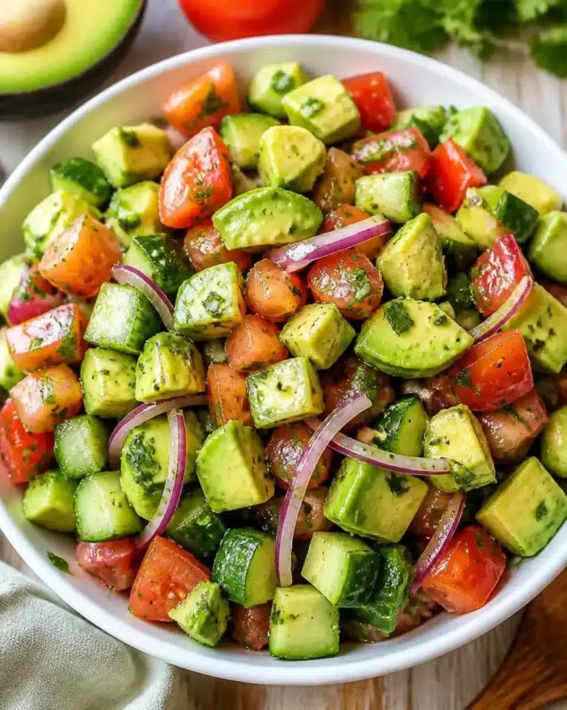 Fresh avocado salad with tomatoes, cucumber, and dressing in a bowl.