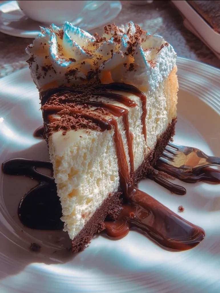 Delicious Baileys Irish Cream cheesecake layer cake topped with chocolate
