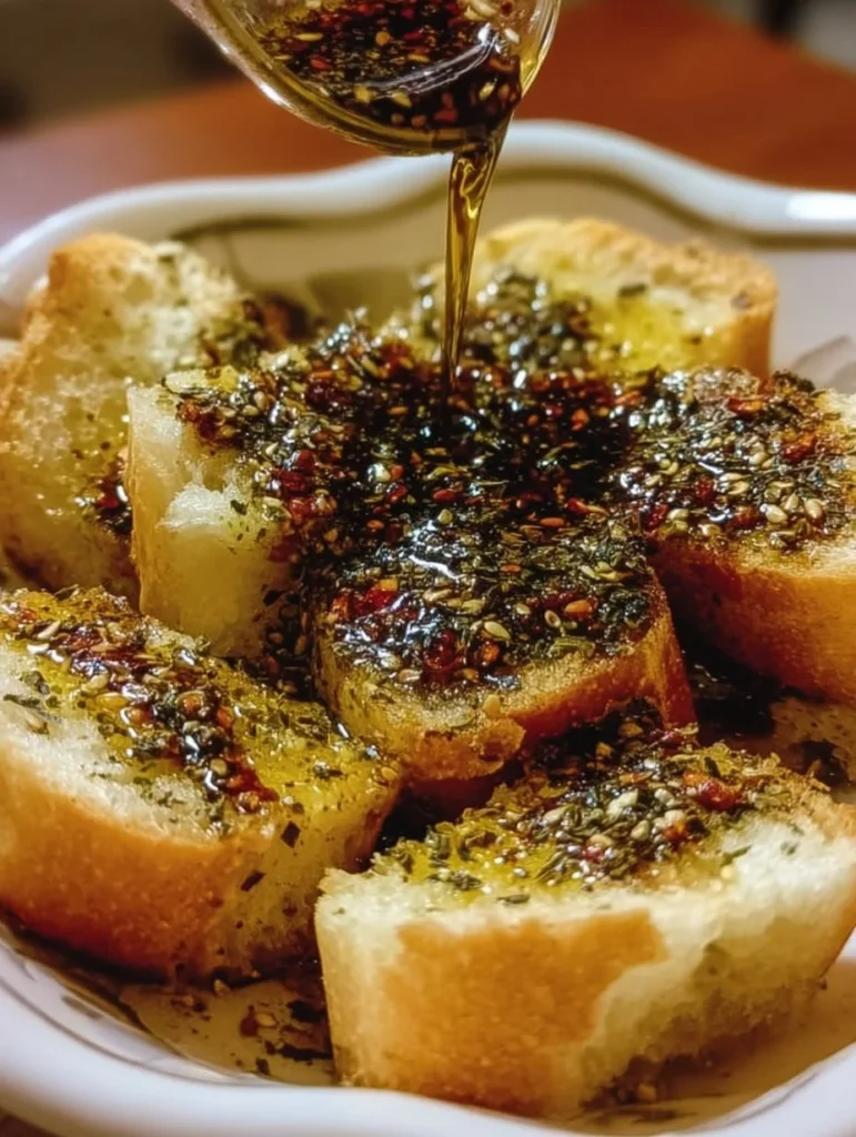 Balsamic olive oil bread dip served in a rustic bowl with crusty bread.