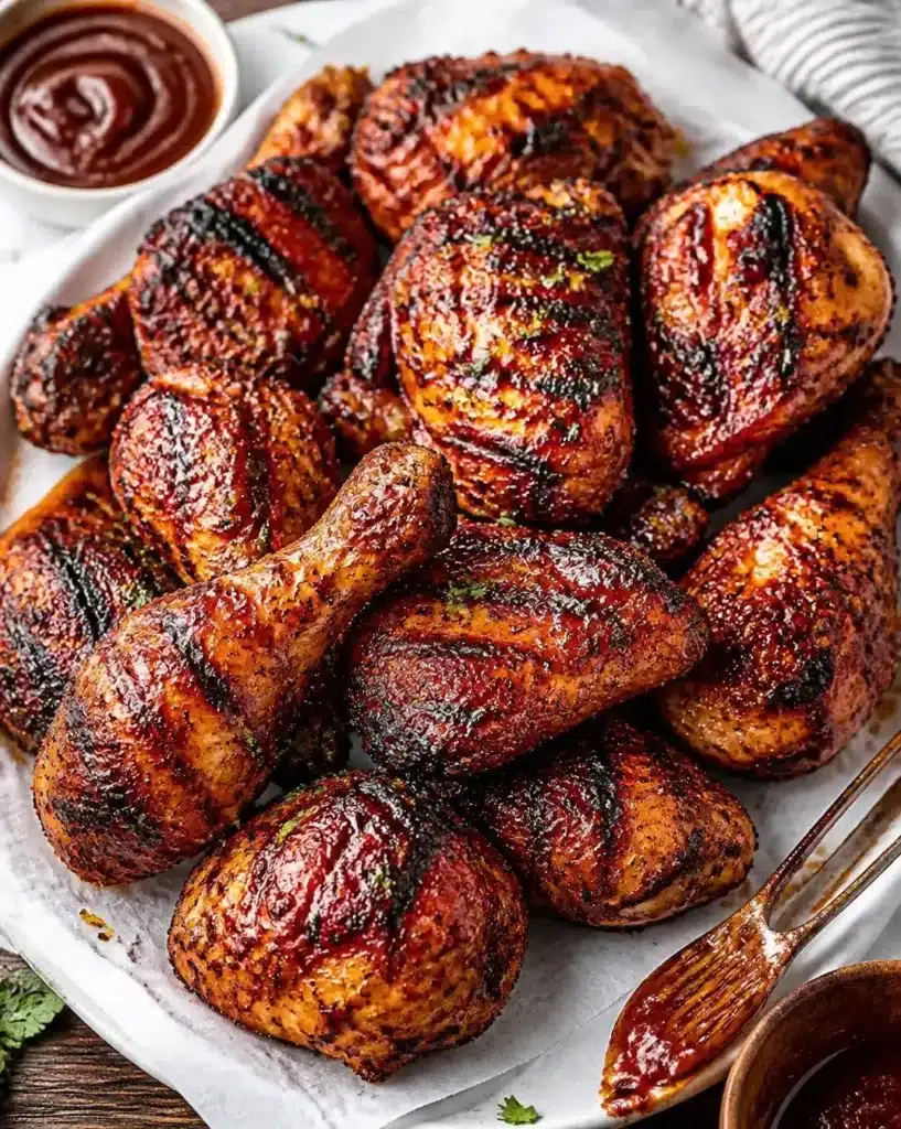 Juicy barbecued chicken on a grill, ready to serve at a summer cookout.