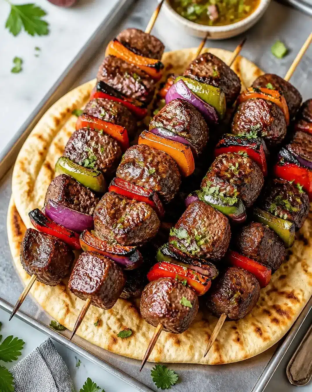 Grilled beef kabobs served on a platter with colorful vegetables.
