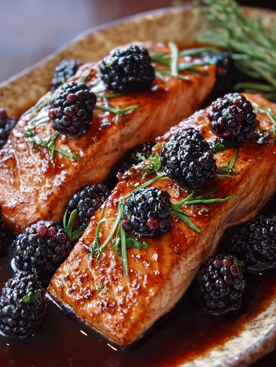Bourbon-Glazed Salmon topped with blackberries and herbs on a plate