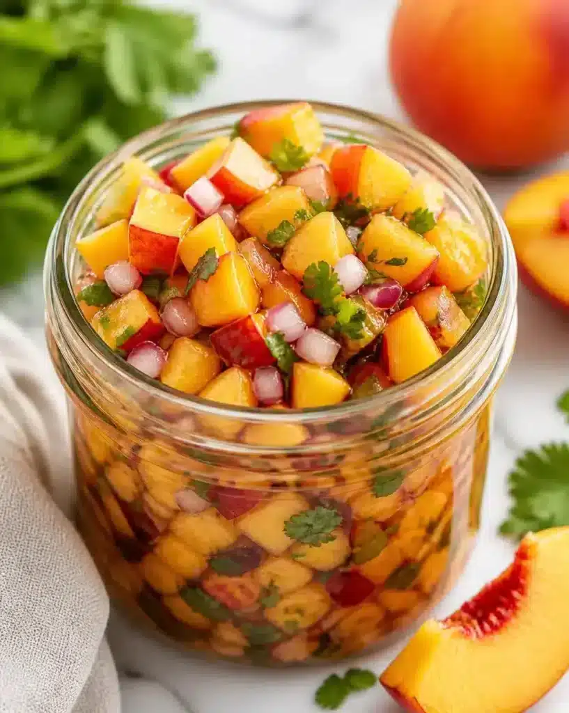 Bright Peach Salsa served as a finished recipe