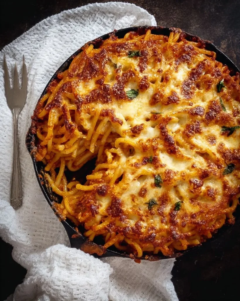Bucatini skillet pie served with herbs and cheese in a cast-iron pan