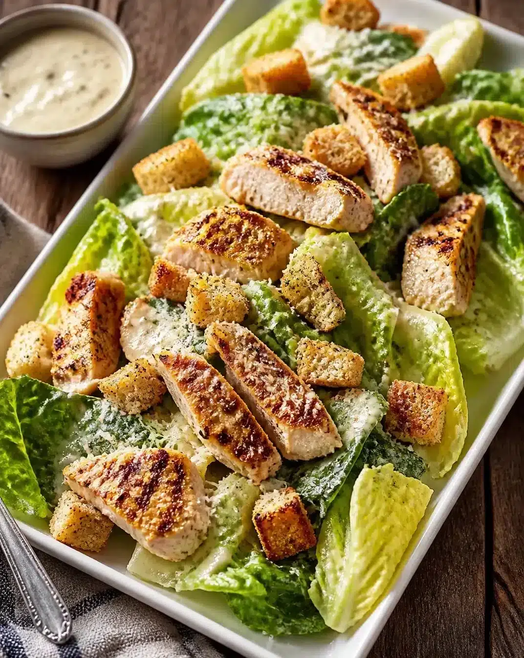 Char-Grilled Chicken Caesar Salad with romaine lettuce and creamy dressing
