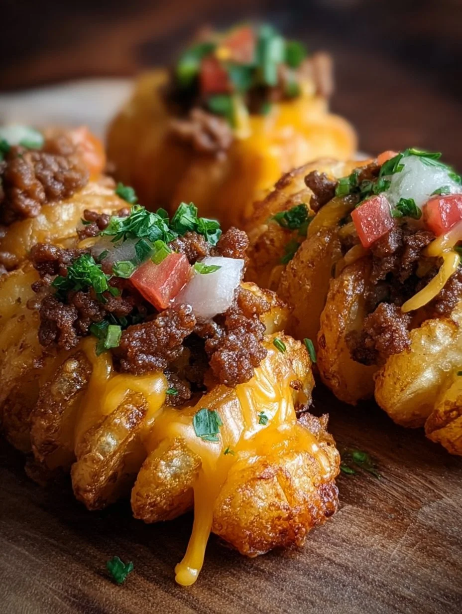 Delicious cheeseburger-stuffed potato cones ready to be enjoyed.