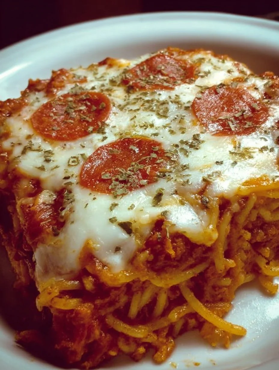 Cheesy spaghetti pizza bake with melted cheese and pasta topping