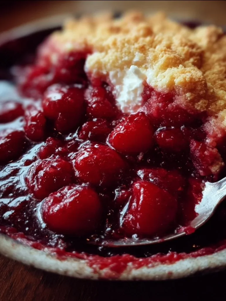 Delicious cherry cobbler with a golden crust and fresh cherries on a plate