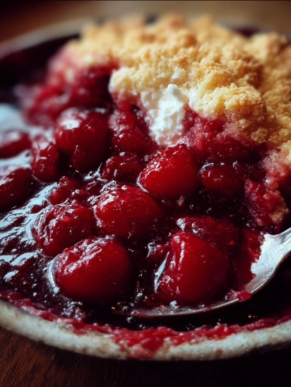 Delicious cherry cobbler with a golden crust and fresh cherries on a plate