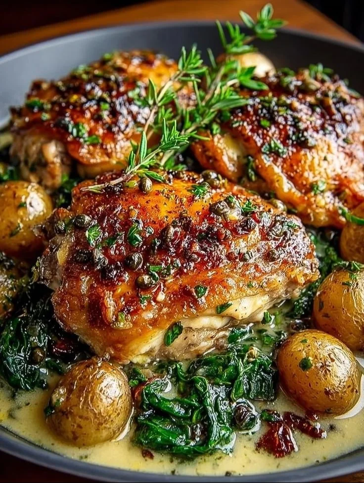 Delicious Chicken Vesuvio served with herbs and vegetables