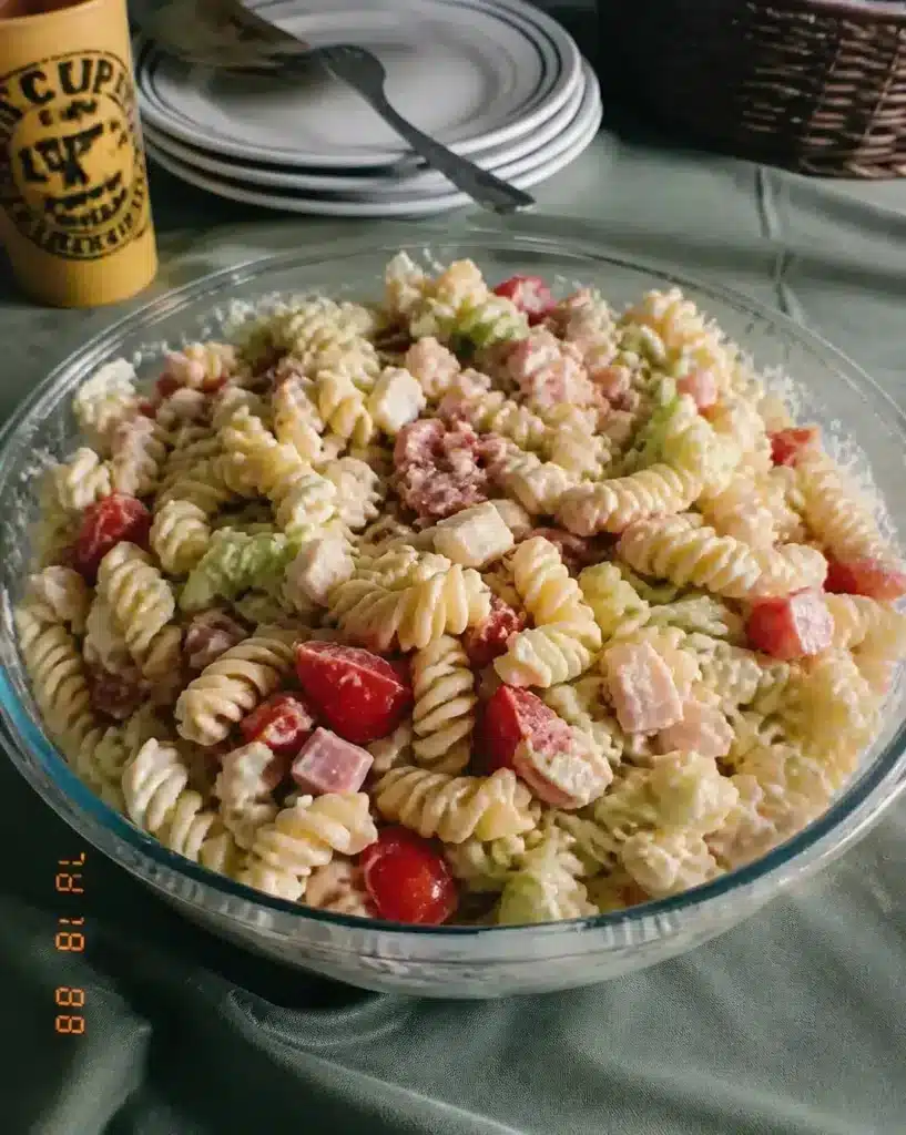 Club-Style Pasta Salad served as a finished recipe