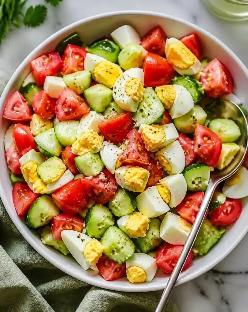 A vibrant Cobb Salad featuring mixed greens, avocado, bacon, chicken, and eggs.