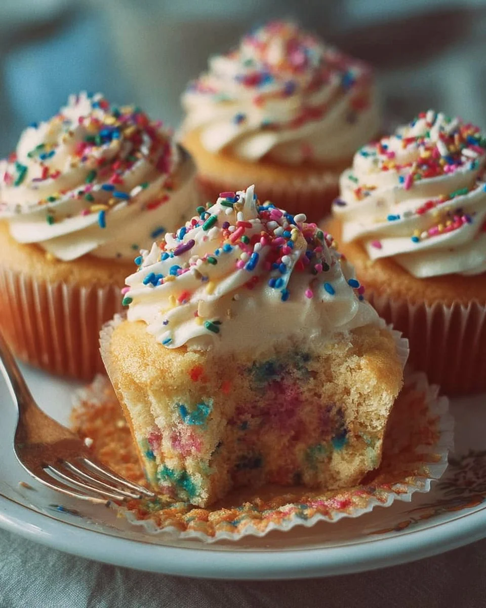 Delicious confetti cupcakes with vibrant sprinkles and frosting
