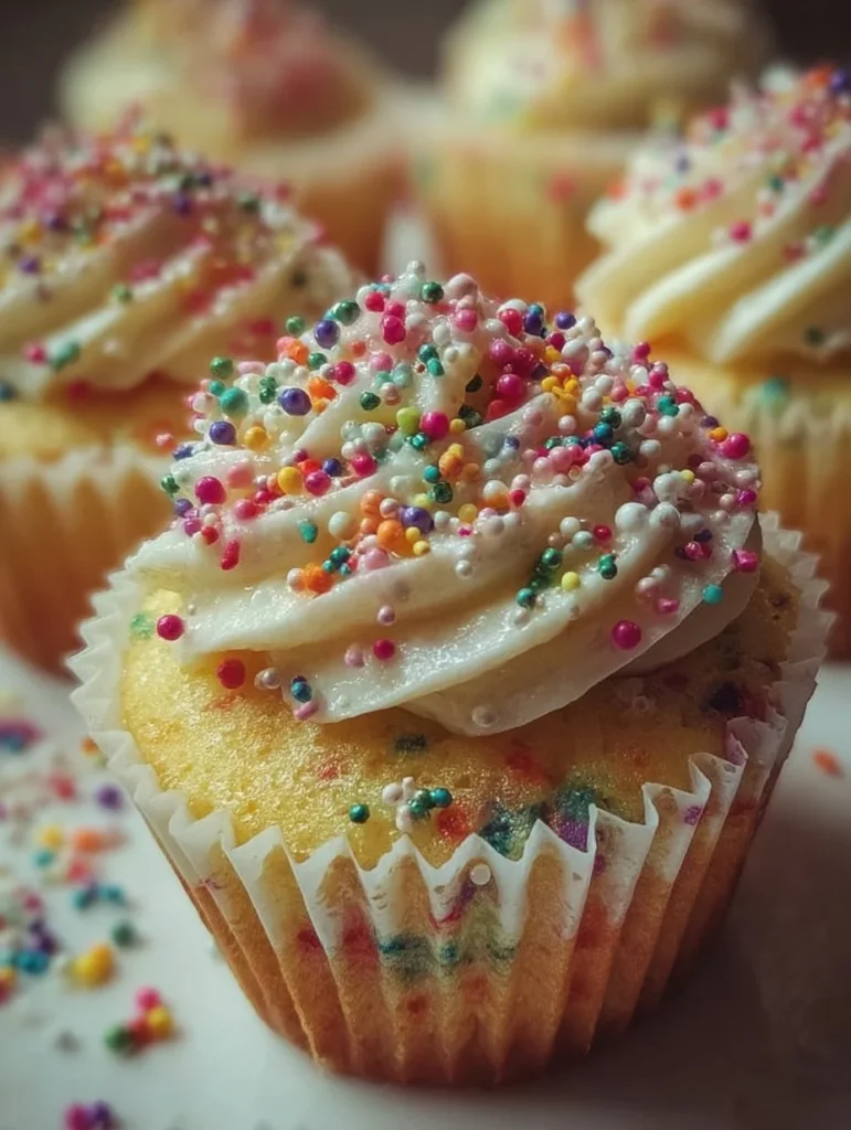 Delicious confetti sprinkles cupcakes topped with colorful frosting.