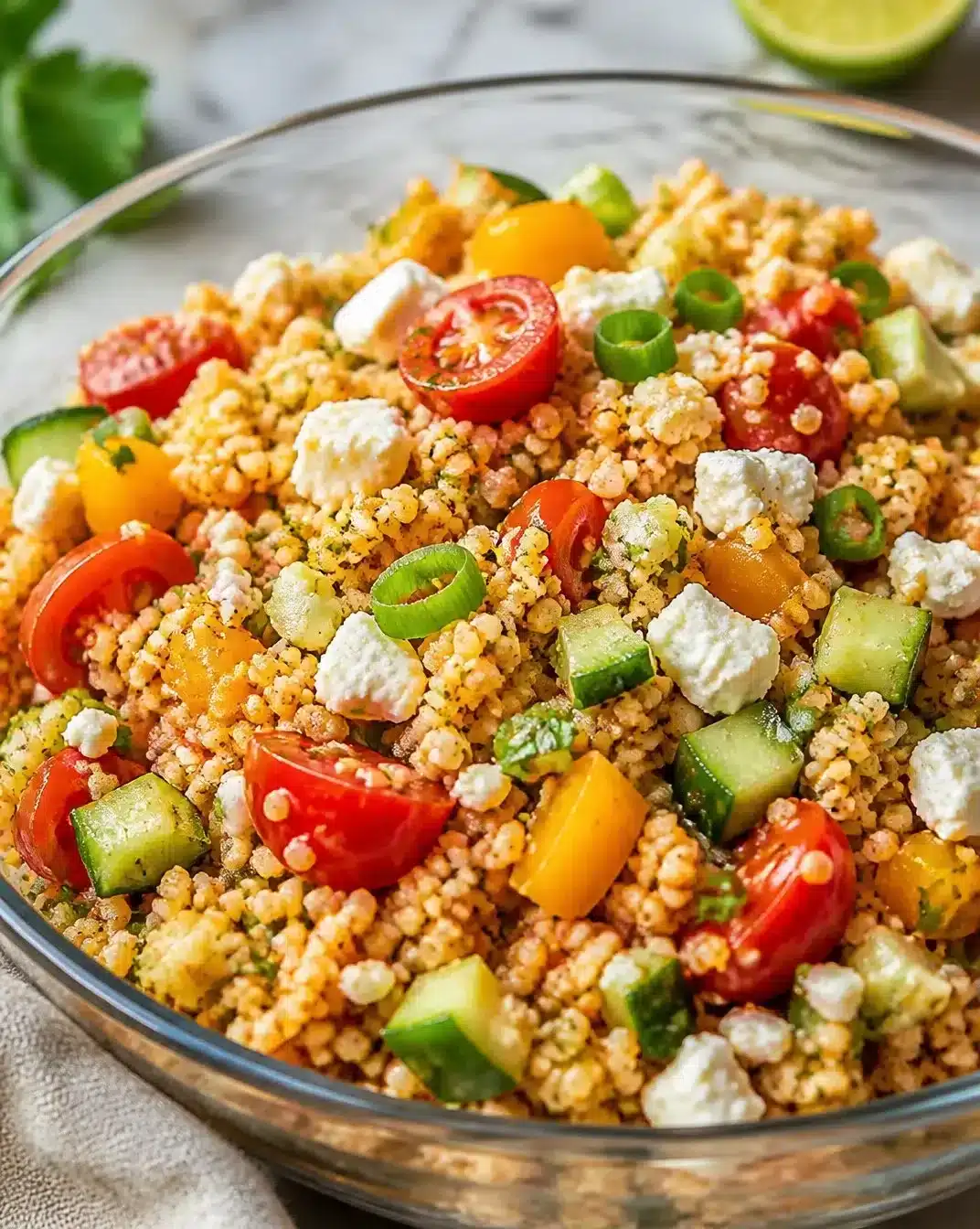 Couscous and Feta Salad 1 Couscous salad with feta cheese, fresh vegetables, and dressing in a bowl