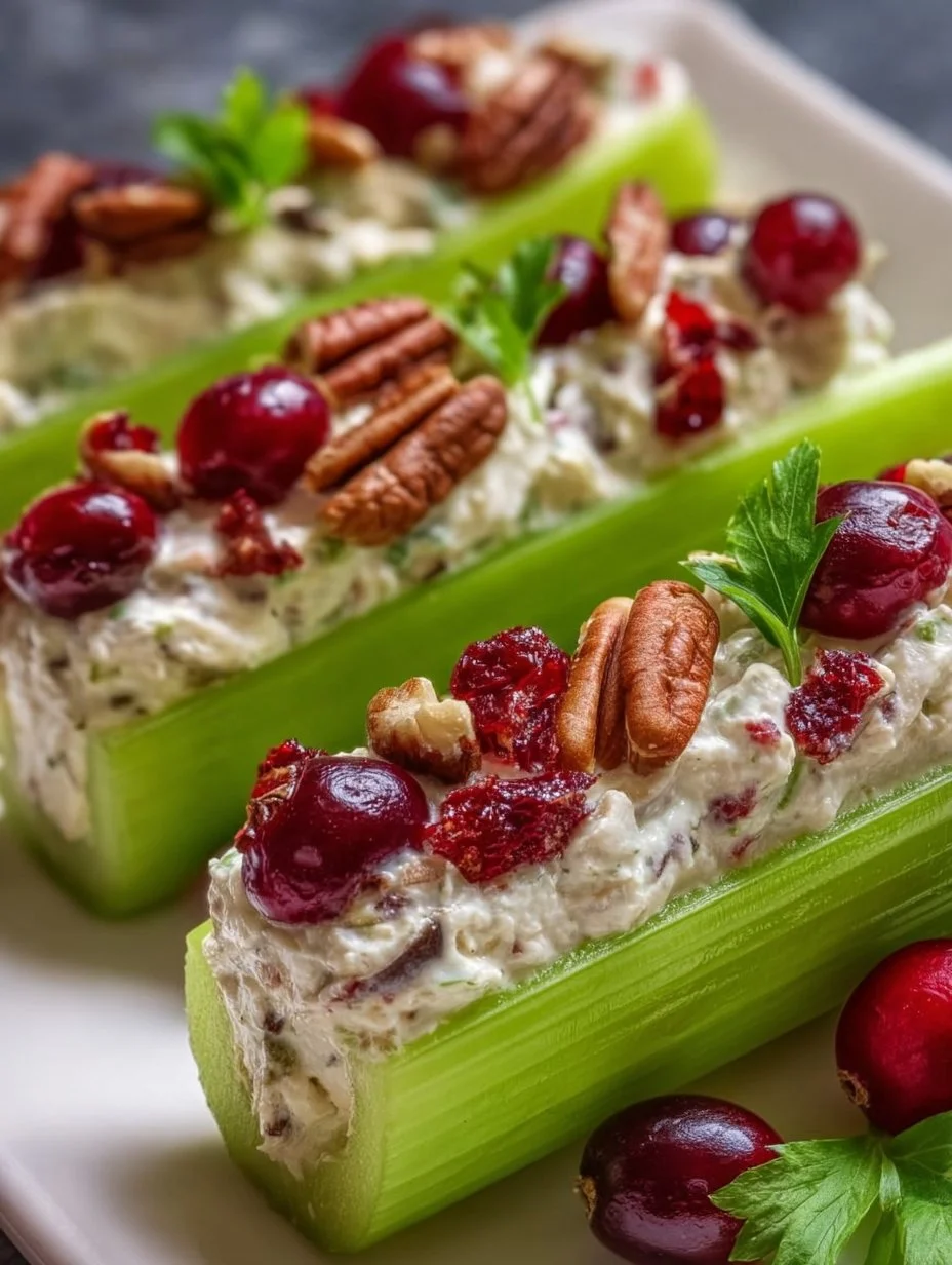 Cream cheese-stuffed celery with cranberries and pecans on a platter