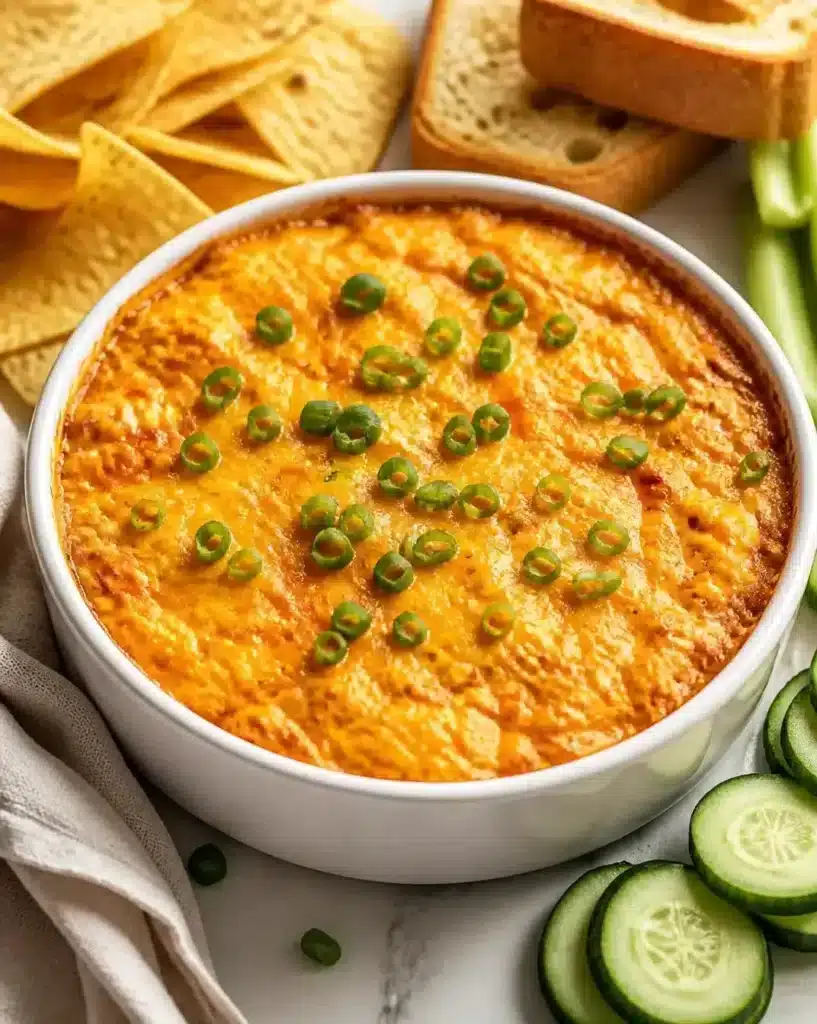 Creamy Buffalo Chicken Dip served as a finished recipe