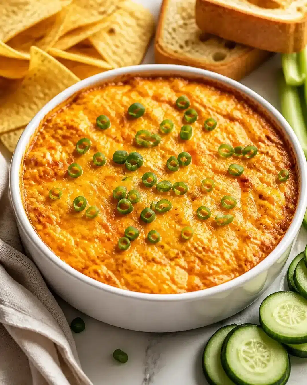 Delicious creamy Buffalo Chicken Dip served in a bowl with chips
